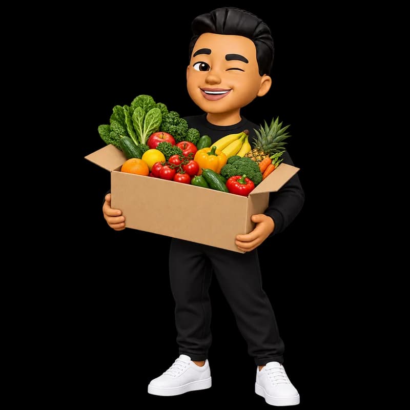 The Moshims mascot holding a box of fresh produce